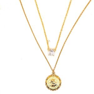 Evry Gold Solitaire & St Christopher Medallion Layering Necklace Set 2pc